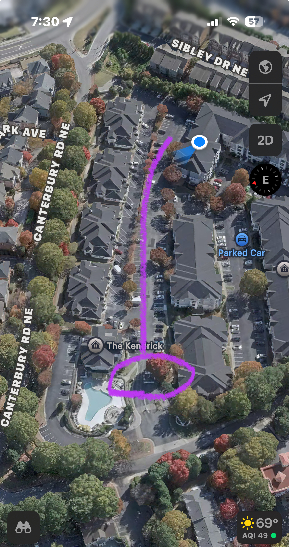 Aerial route from Canterbury Rd NE to The Kendrick